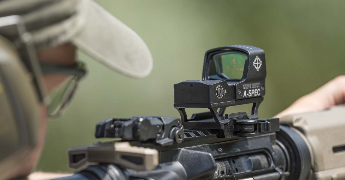 The Red-Dot sight offers intuitive aiming with both eyes allowing rapid engagement of targets. Its relative simplicity and effectiveness has seen the adoption of red-dot style sights by militaries world-wide. The Aimpoint COMP5 Tube Style Red-Dot (shown), one of their latest, is designed as a more compact sight suited for short and medium ranges. (Aimpoint)