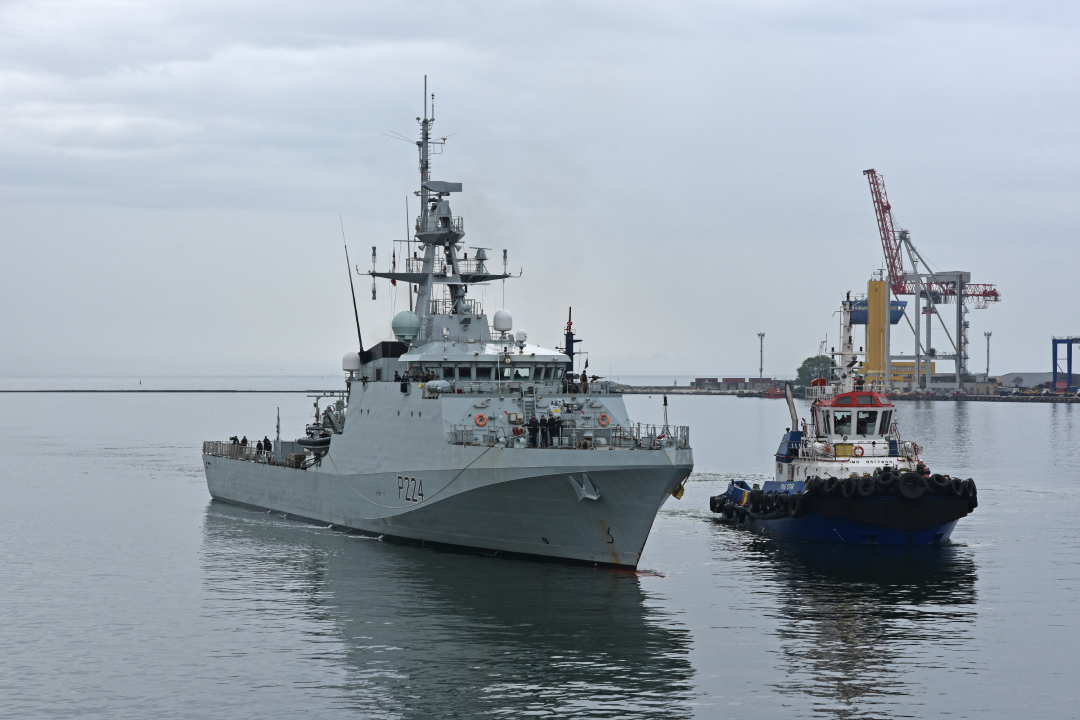The RN’s Forth (River Batch II)-class offshore patrol vessel HMS Trent is pictured visiting Odessa, Ukraine in May 2021, to provide maritime training for the Ukrainian Navy. In November, the ship was off Africa’s West Coast, conducting counter-piracy maritime security escorts.