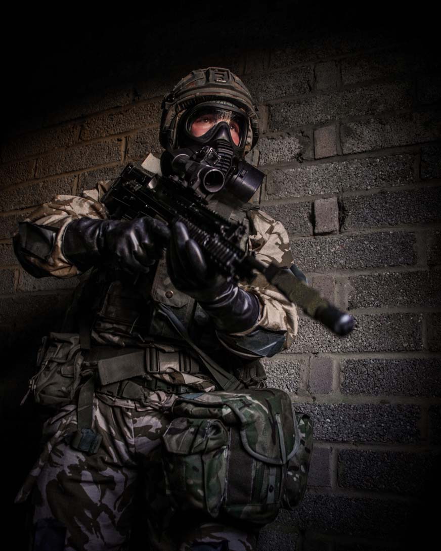 A Royal Marine working to take over a suspect chemical factory during the chemical warfare Exercise Toxic Dagger. (Crown Copyright)