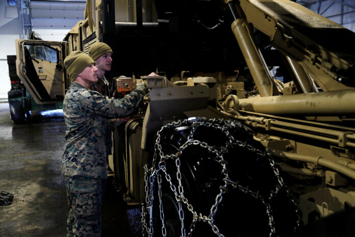US marines maintain equipment at the US Marine Corps Setermoen facility during Exercise ‘Cold Response 22’ in March. (Norwegian Armed Forces)