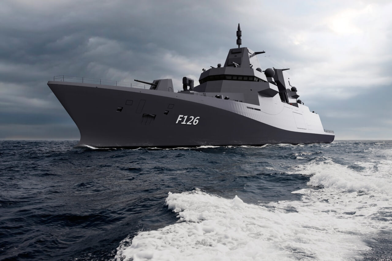 An artist’s impression of the F 126 frigate Damen has designed for the German Navy. Damen uses Virtual Reality (VR) simulation technologies to demonstrate design concepts to a customer, such as showing how a multi-purpose frigate can switch operational configurations.