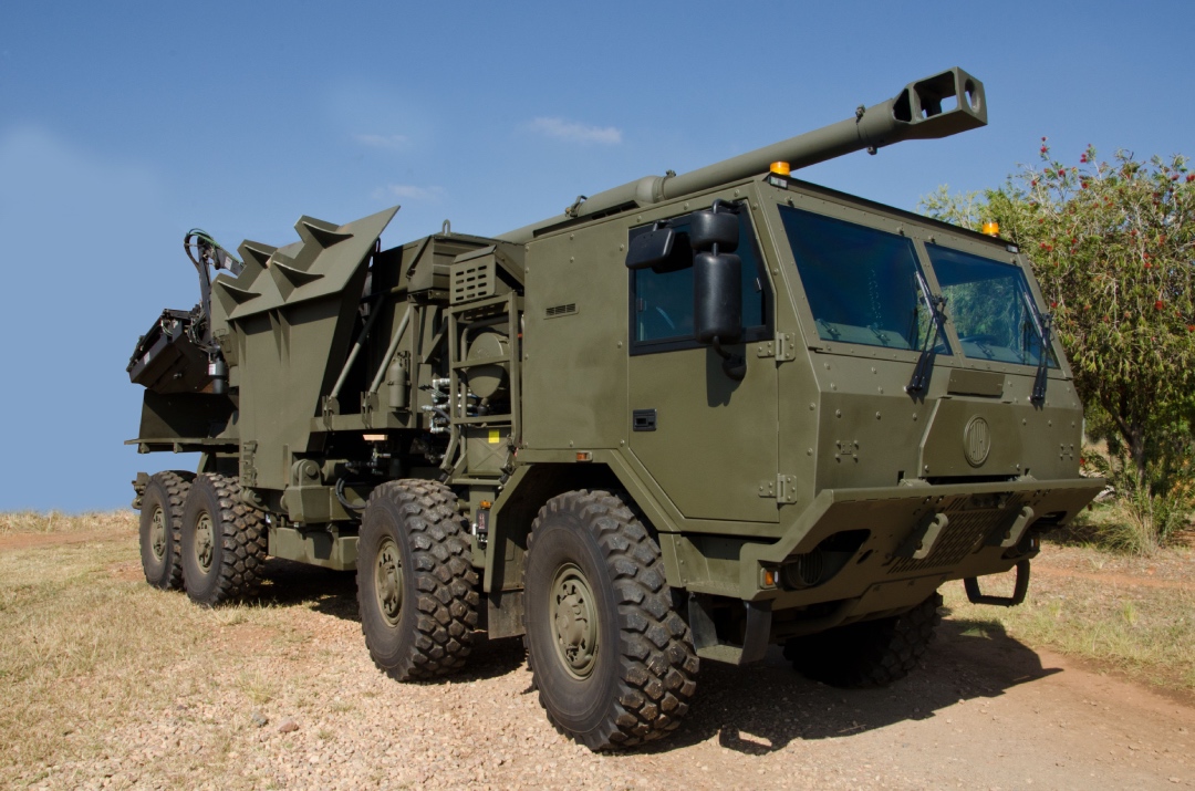Latest South African Denel Land Systems 155 mm T5 Condor self-propelled artillery system is based on a Tatra (8x8) chassis with this version having an unprotected forward control cab. (Denel)
